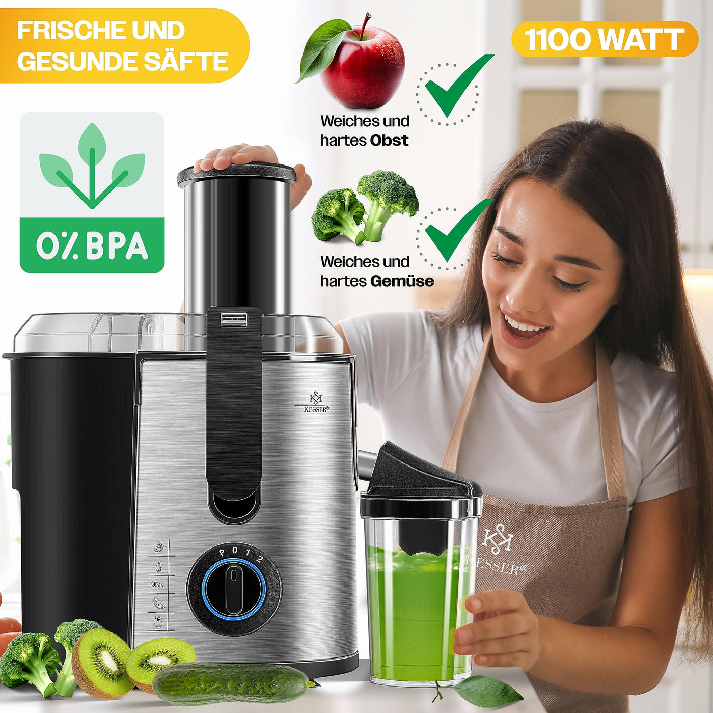 KESSER® Entsafter für Obst und Gemüse aus Edelstahl 1100W große 85 mm Einfüllöffnung inkl. Reinigungsbürste und Saftbehälter 3 Geschwindigkeitsstufen, Saftpresse Juicer, Silver/Black