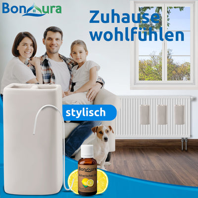 BonAura® Luftbefeuchter Heizung Keramik I Haken & Duftöl [4er Spar-Set, 400ml] I Wasserverdunster für Heizkörper mit Duft I Verdunster & Befeuchter Wasser Behälter