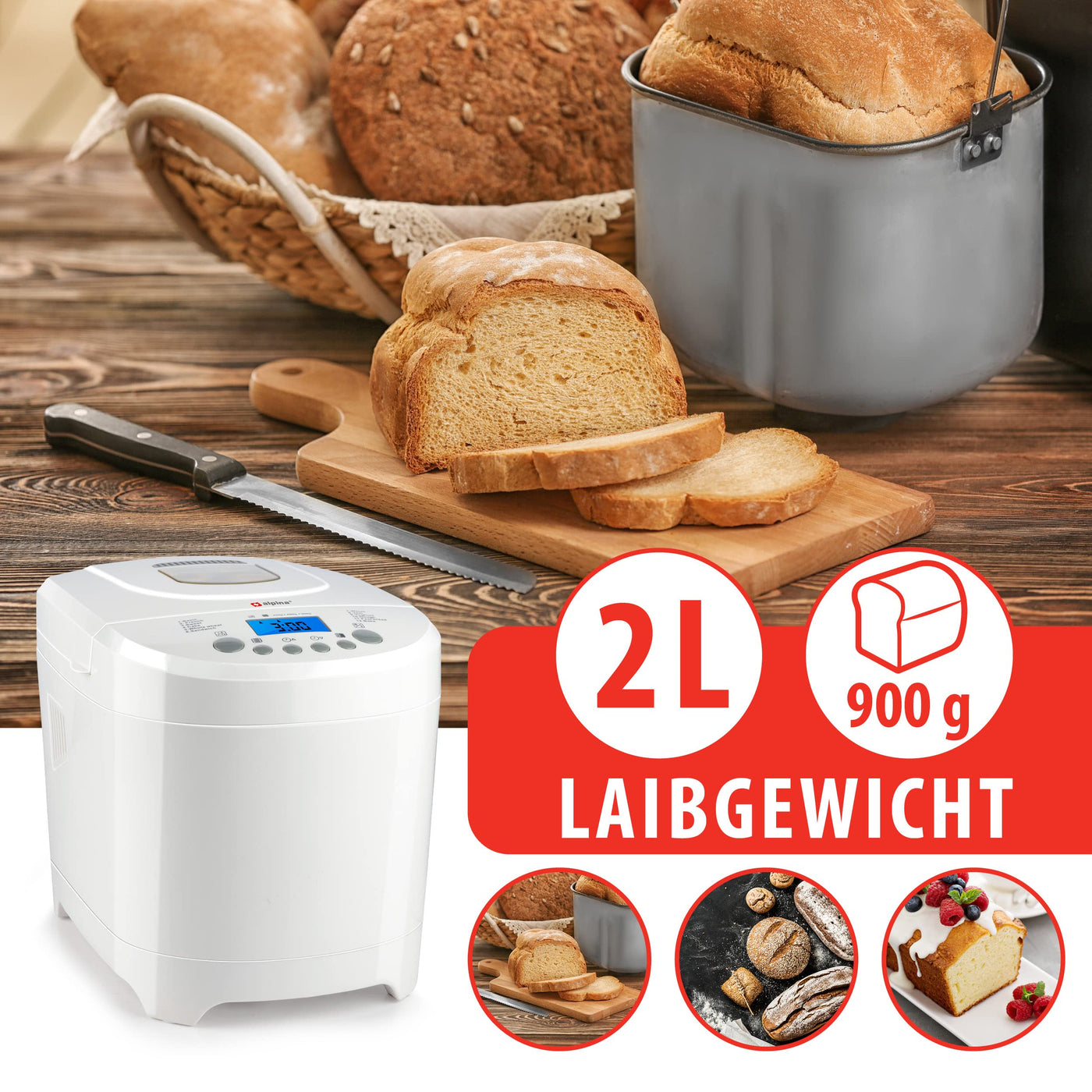 alpina Brotbackautomat - Brotbackmaschine - kleine bis große Brote: 450-680-900 Gramm - Timer - 12 Backprogramme - auch für Kuchen, Marmelade und Ketchup - 600W, Weiß