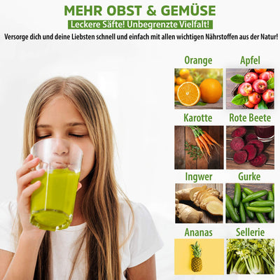 NUTRI-PRESS NO.1 Slow Juicer Profi Entsafter Testsieger Saftausbeute 3 Siebe Saft, Smoothie, Frucht-Eis Sehr leise, BPA-Frei - elektrische Saftpresse Obst Gemüse, Rezeptbuch, Flasche