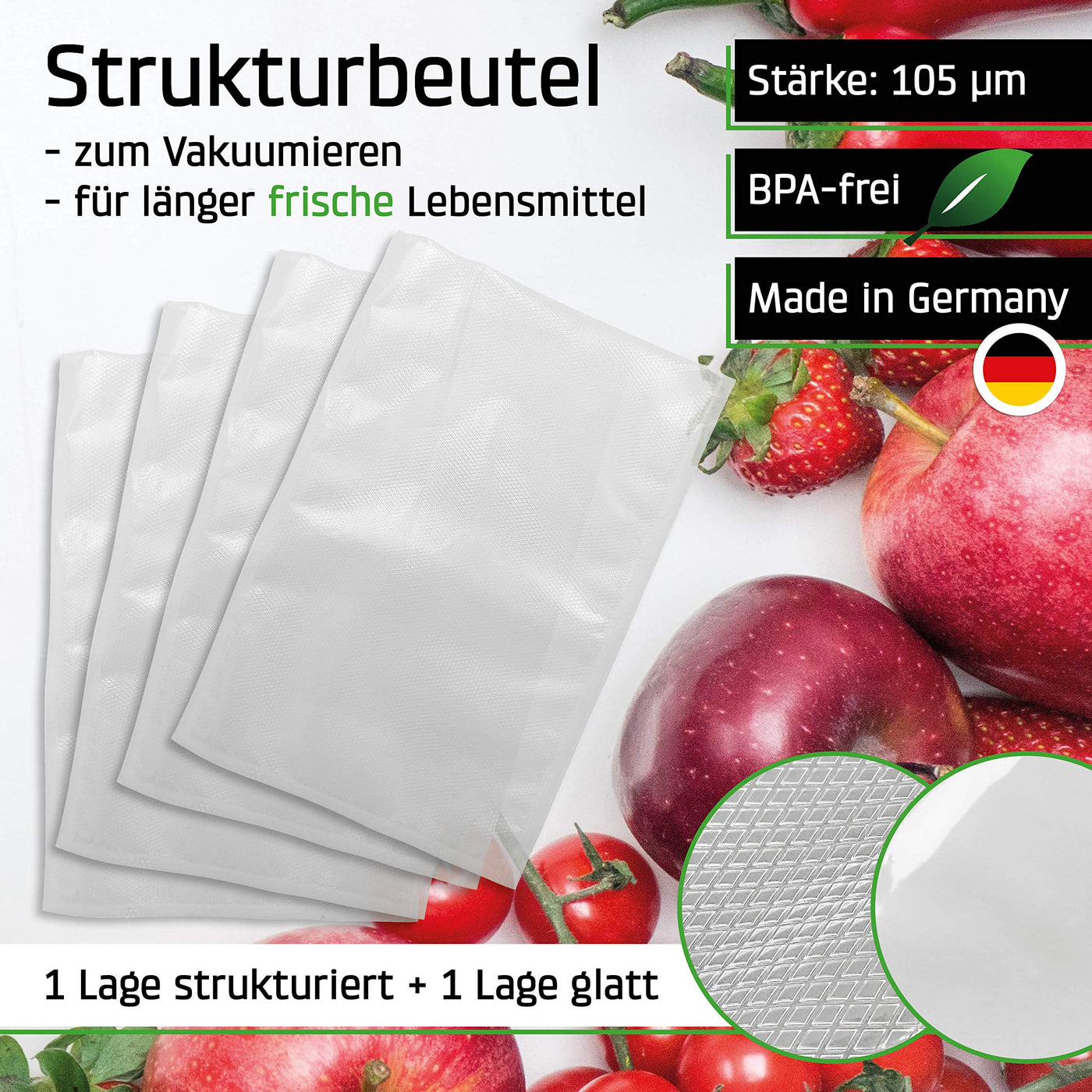 CASO Strukturbeutel 30 x 40 cm / 50 Folienbeutel, für alle Balken Vakuumierer & Folienschweißgeräte, BPA-frei, stark & reißfest, 105µm, stabile Schweißnaht, Sous Vide geeignet, Made in Germany