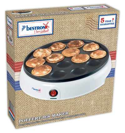 Bestron Poffertjes Maker im Retro Design, Mini Pfannkuchen Automat, mit Antihaftbeschichtung, Sweet Dreams, 800 W, Weiß