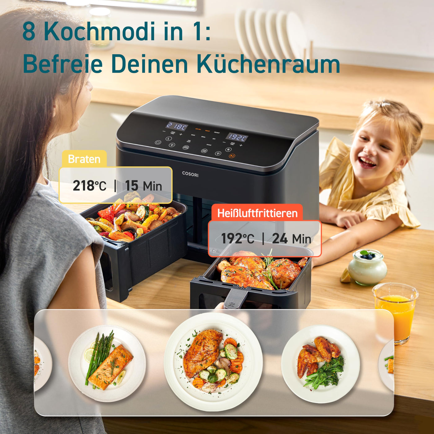 COSORI Heißluftfritteuse 2 Kammern Airfryer, 8-in-1 Dual Zone Air Fryer XXL 8,5 L, Heissluftfritteuse Doppelkammer mit Sichtfenster für ausgewogene Mahlzeit, 50 Rezepte, energiesparend, 1-5 Personen