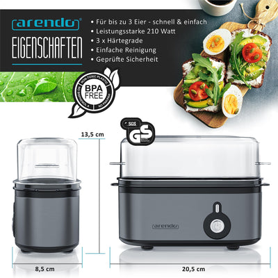 Arendo - Edelstahl Eierkocher Threecook - Egg Cooker - EIN AUS-Schalter - Wählbarer Härtegrad - 210 W - 1-3 Eier - GS - BPA-frei