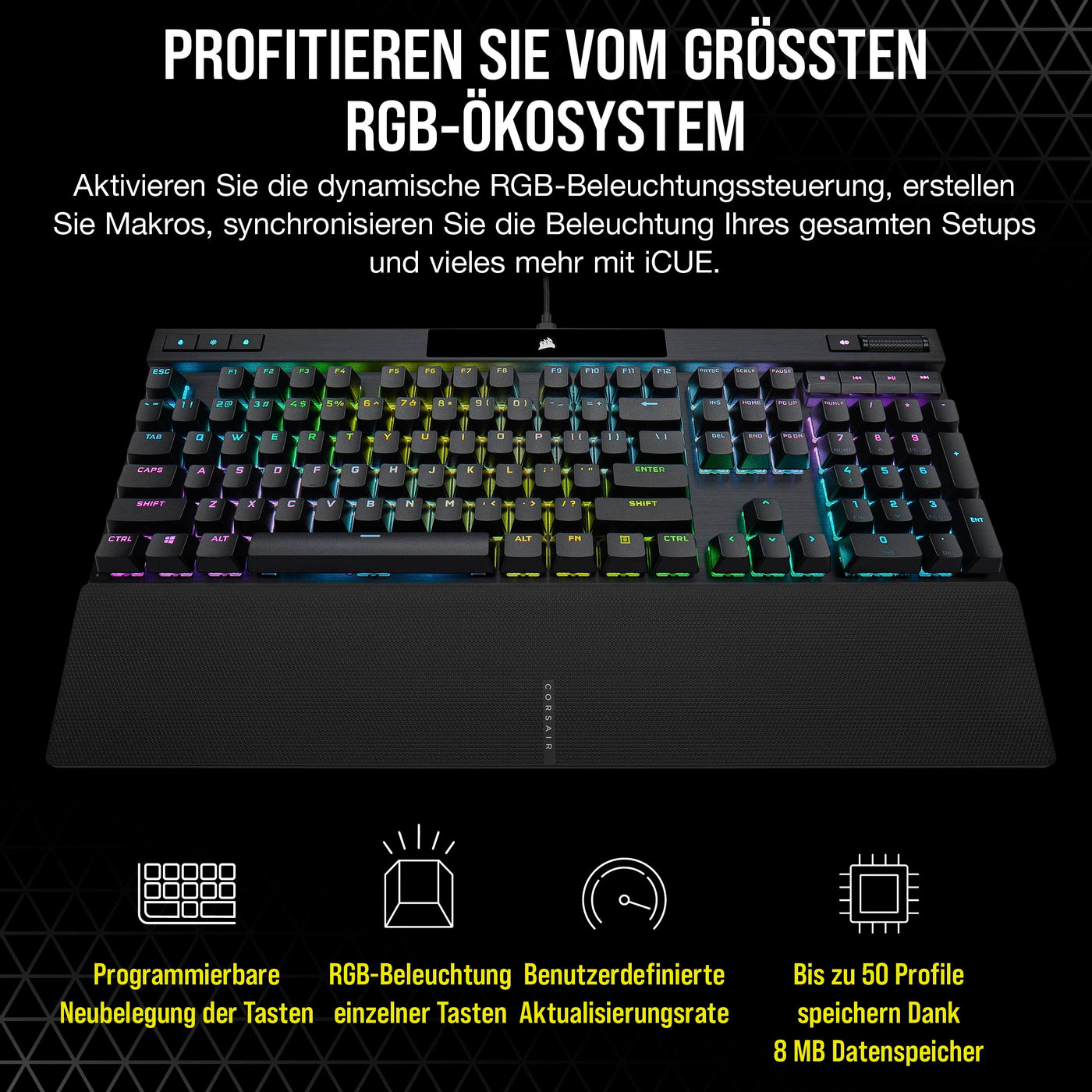 Corsair K70 PRO RGB Optisch-Mechanische Kabelgebundene Gaming-Tastatur - OPX Linear-Schalter - PBT Double-Shot-Tastenkappen - iCUE-kompatibel - QWERTZ DE - PC, Xbox - Schwarz