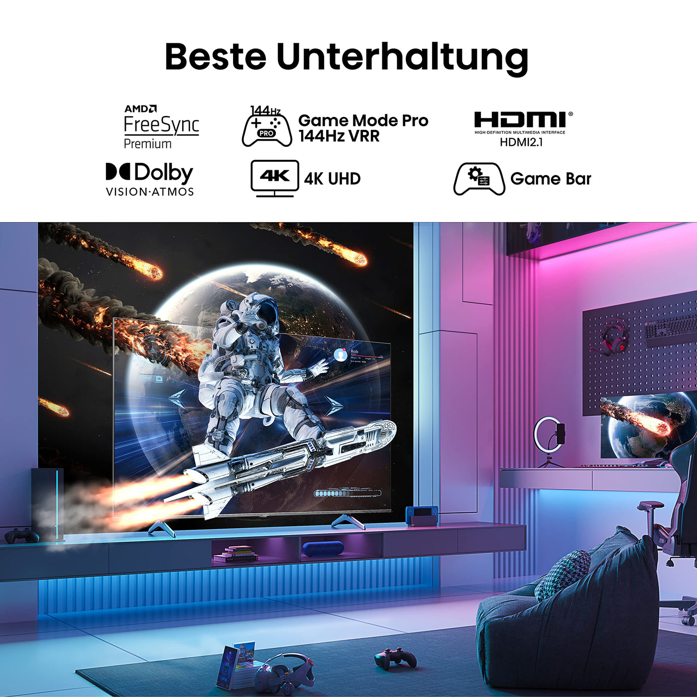 Hisense 55E7KQ PRO 139cm (55 Zoll) Fernseher, 4K UHD, QLED, Smart TV, HDR, Dolby Vision IQ, 144Hz (VRR), HDMI 2.1, Game Mode PRO, Triple Tuner, Alexa Built-In, Dolby Atmos, Dunkelgrau [2023]