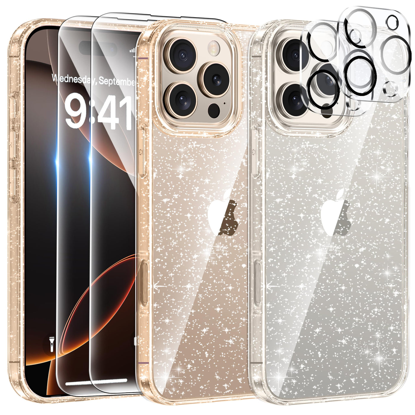 AROYI 5 in 1 Klar Glitzer Handyhülle Kompatibel mit iPhone 16 Pro Hülle Glitzer mit 2 Schutzfolie + 2 Kameraschutz, Handyhülle iPhone 16 Pro Transparent Weiche TPU Silikon Case [Anti-Yellowing]