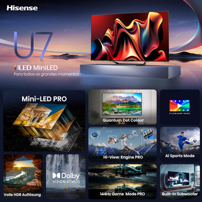 Hisense 55U7NQ 139cm (55 Zoll) Fernseher, 4K Mini LED ULED HDR Smart TV, Quantum Dot, 120Hz/ 144Hz VRR, HDMI 2.1, Game Mode Pro, Dolby Vision IQ & Atmos, Bluetooth, Alexa Built-in, Anthrazit, [2024]