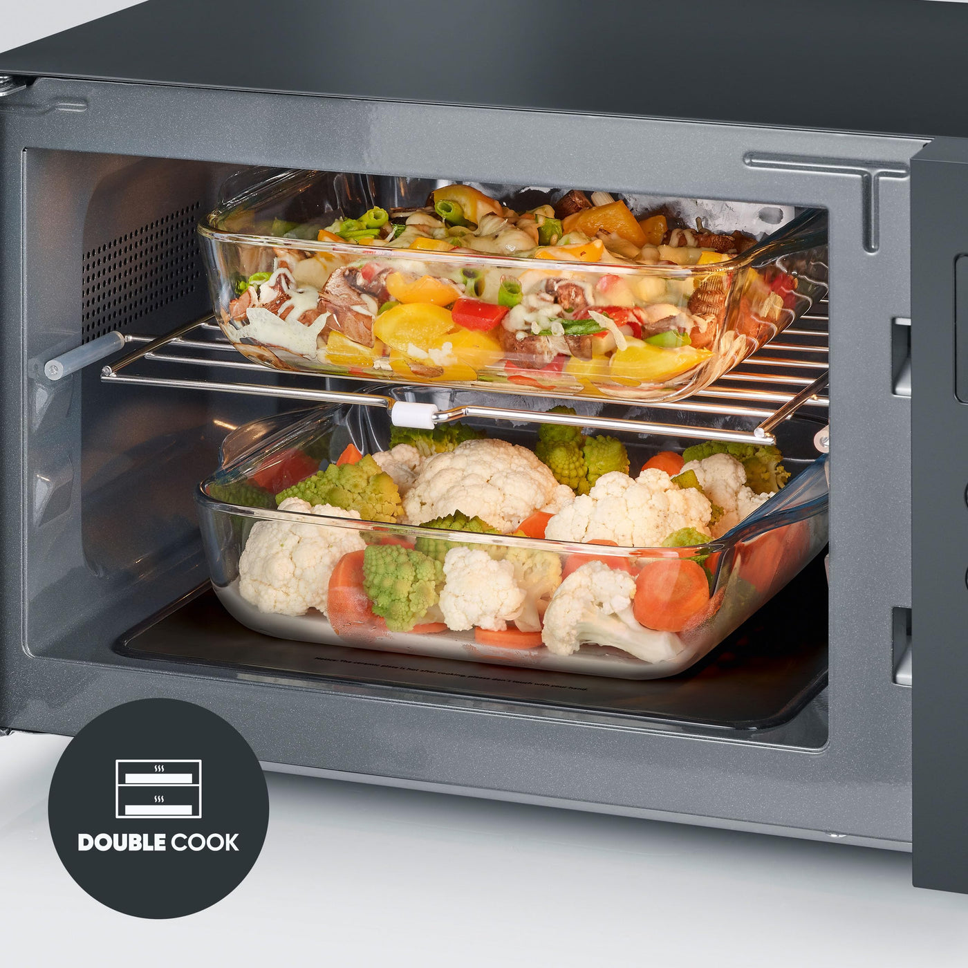 SEVERIN 2-in-1 Mikrowelle mit Grill, Grillen auf 2 Ebenen, flacher Glasboden statt Drehteller, XXL-Nutzfläche, leichte Reinigung, 9 Automatikprogramme, Mikrowellengerät, 25L, Schwarz, MW 7763