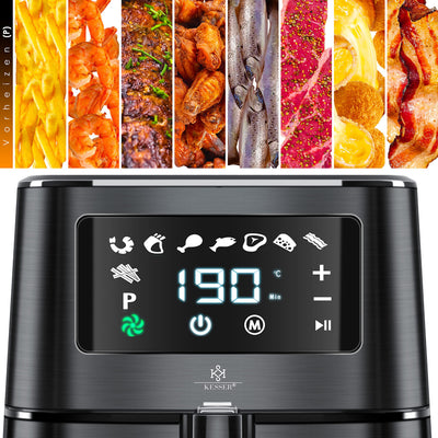 KESSER® XXL 5,5 Liter Heißluftfritteuse Edelstahl | inkl.Brotbackkorb | 1700W Friteuse Fritteuse Airfryer | Touch Display | 8 Programmen | ohne ÖL | Backofen | Heißluft | Grill | Fettfrei Schwarz