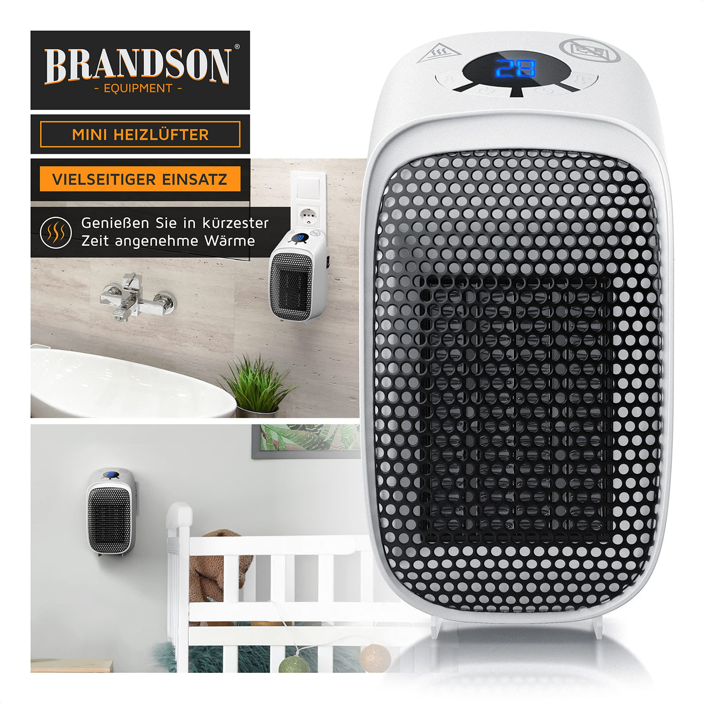 Brandson Steckdosen Heizlüfter Mini Keramik Heizung - Digital Anzeige Temperatur Timer - Lüfter 400W - Thermostat Überhitzungsschutz - - - Badezimmer Schlafzimmer, Zwangsluft