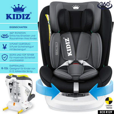 KIDIZ® Kindersitz Baby Autositz Kinderautositz Isofix Top Tether 360° drehbar Gruppe 0/1/2/3 ab Geburt 0-36kg Mit Sonnenschutzdach Seitenschutz 5 Punkt Gurt Kopfstützenverstellung ECE R129 Schwarz