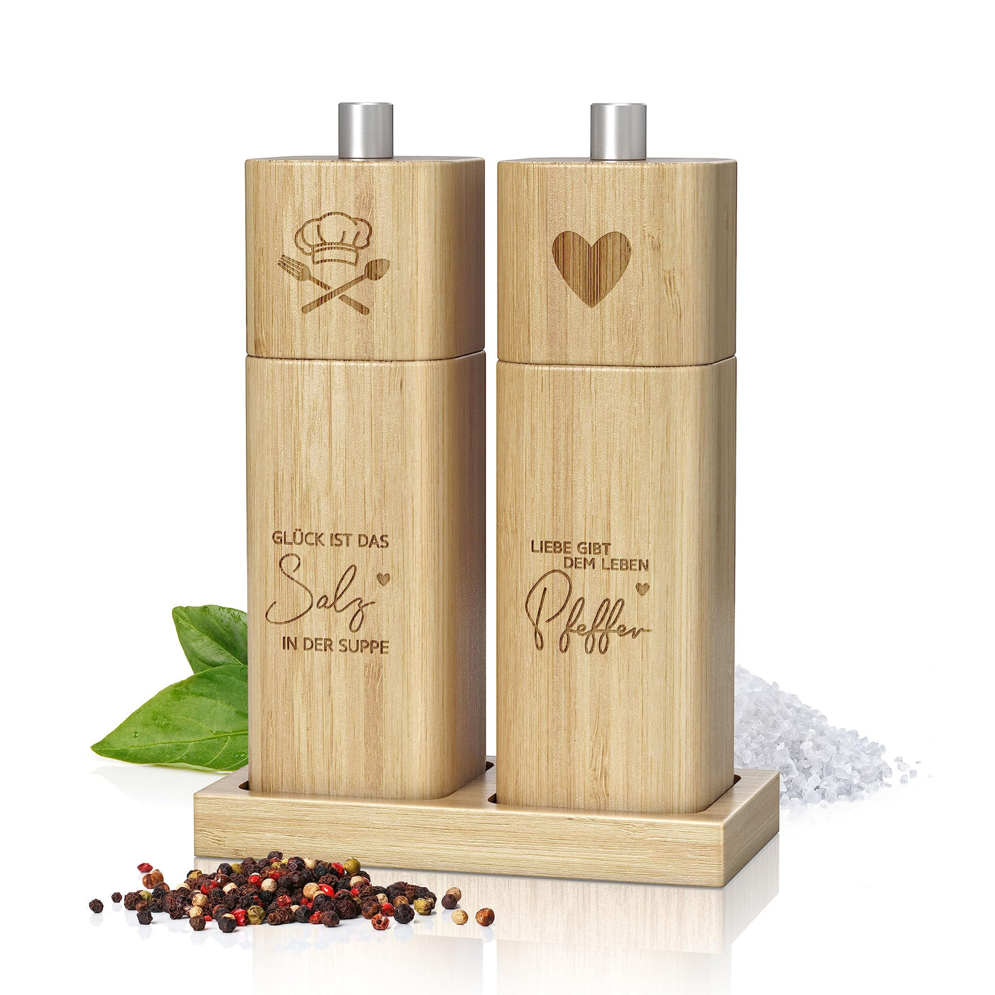 ELBFUCHS® Salz und Pfeffermühle Holz Groß [PERFEKTE GESCHENKIDEE] Liebevolles 2-er Set Pfeffer und Salzmühle mit Keramikmahlwerk | Ideal für Hölzerne Hochzeit Geschenk Einzug, Polterabend