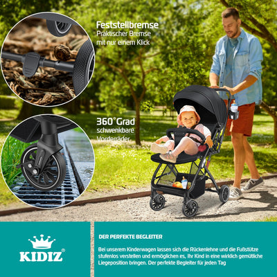 KIDIZ® Kinderwagen Kinderbuggy klappbar Liegebuggy Sportwagen Faltbar 360° Räder 5-Punkt Gurt Inkl. Fußsack, Getränkehalter, Regenabdeckung & Moskitonetz verstellbare Rückenlehne & Sonnenverdeck