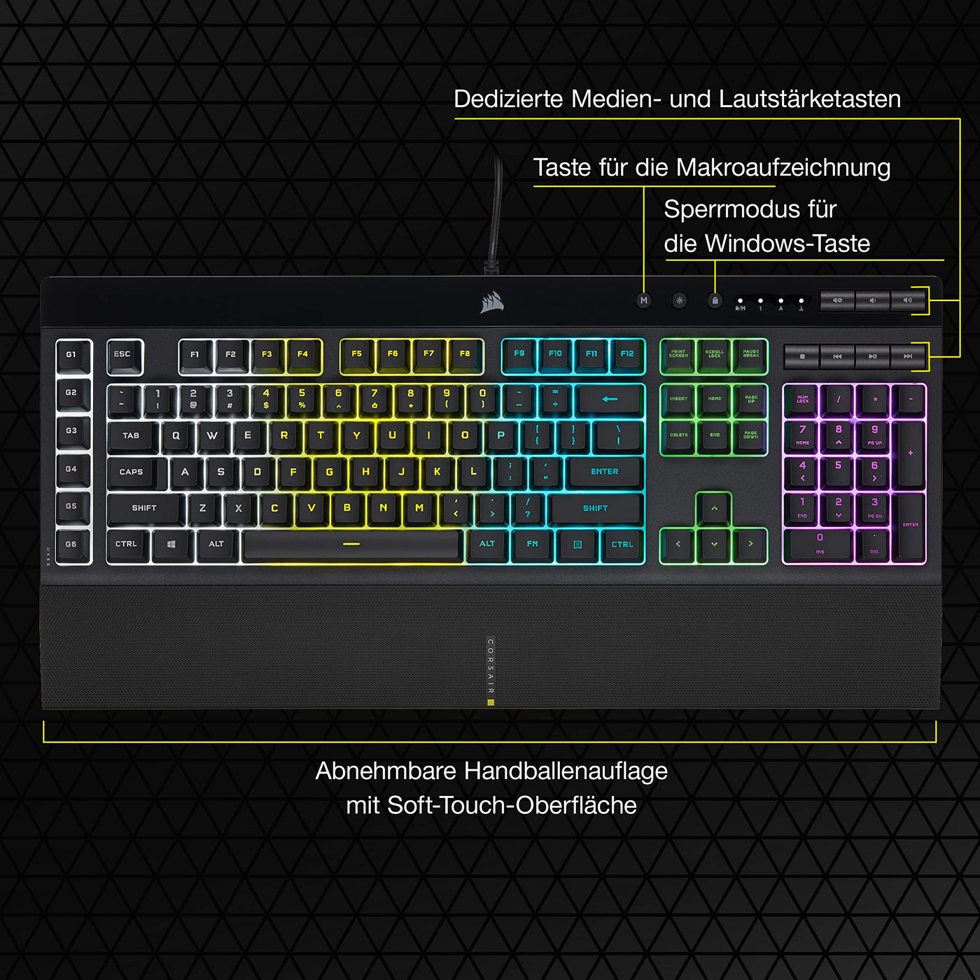 CORSAIR K55 RGB PRO Kabelgebundene Membrantastatur - IP42 staub- Und Spritzwassergeschützt - 6 Makro-Tasten Mit Elgato-Integration - iCUE-Kompatibel - QWERTZ DE - PC, Mac, Xbox - Schwarz