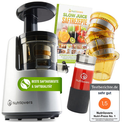 NUTRI-PRESS NO.1 Slow Juicer Profi Entsafter Testsieger Saftausbeute 3 Siebe Saft, Smoothie, Frucht-Eis Sehr leise, BPA-Frei - elektrische Saftpresse Obst Gemüse, Rezeptbuch, Flasche