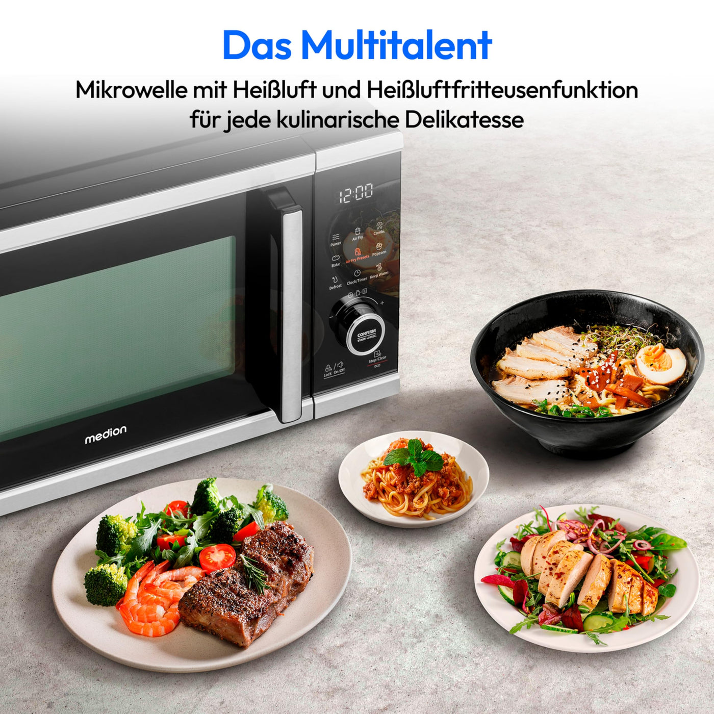 MEDION Mikrowelle mit Heißluftfritteusenfunktion (25 Liter, 1.500 Watt Heißluft, 900 Watt Mikrowelle, 9 Automatikprogramme, Popcorn-Taste, Auftaufunktion, LED Display, MD11499)