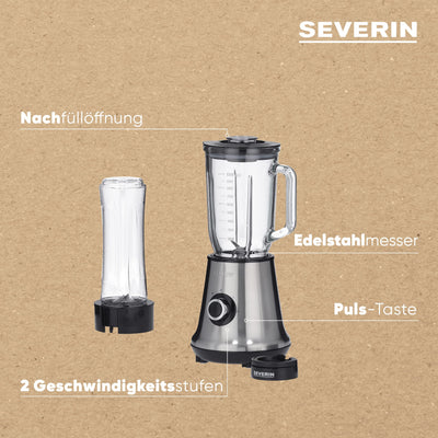 SEVERIN Multimixer, 2-in-1 Stand Mixer und Smoothie Maker mit 1 l Glas-Mixbehälter und Trinkbecher, Küchenmixer mit 2 Stufen und Pulse-Funktion, 500 W, Edelstahl/Schwarz, SM 3737