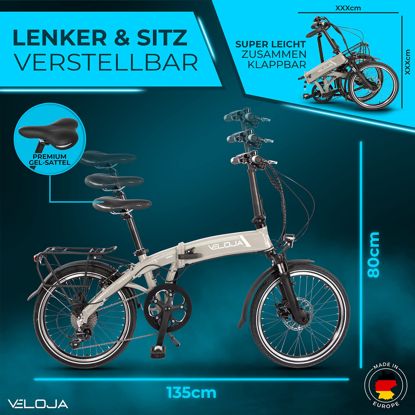 VELOJA® Ebike Klapprad – elektrisches Fahrrad faltbar – 20 Zoll – StZVO Ausstattung – 250W Hinterradnabenmotor 41 Nm, bis 100 km Distanz – 9 Gang – 5 Unterstützungsstufen – Alu – 21kg – Made in EU