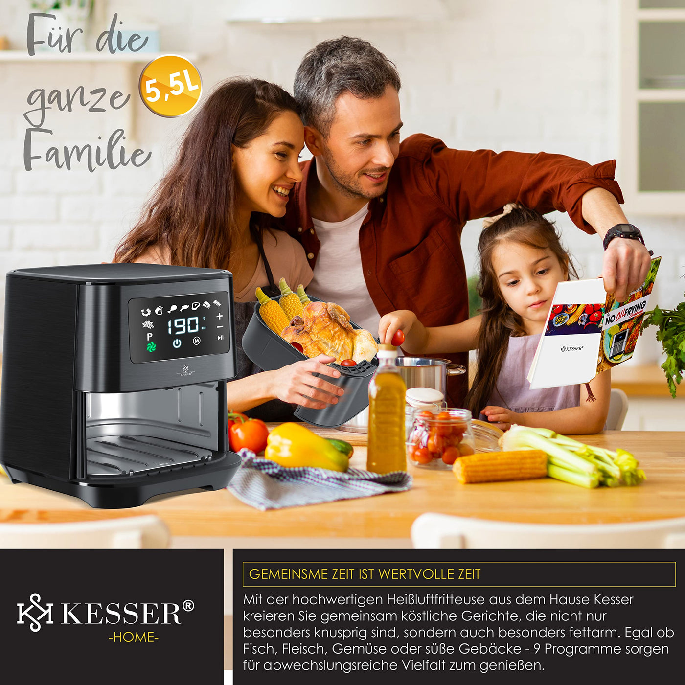 KESSER® XXL 5,5 Liter Heißluftfritteuse Edelstahl | inkl.Brotbackkorb | 1700W Friteuse Fritteuse Airfryer | Touch Display | 8 Programmen | ohne ÖL | Backofen | Heißluft | Grill | Fettfrei Schwarz