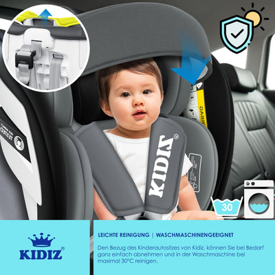 KIDIZ® Kindersitz Baby Autositz Kinderautositz Isofix Top Tether 360° drehbar Gruppe 0/1/2/3 ab Geburt 0-36kg Mit Sonnenschutzdach Seitenschutz 5 Punkt Gurt Kopfstützenverstellung ECE R129 Schwarz