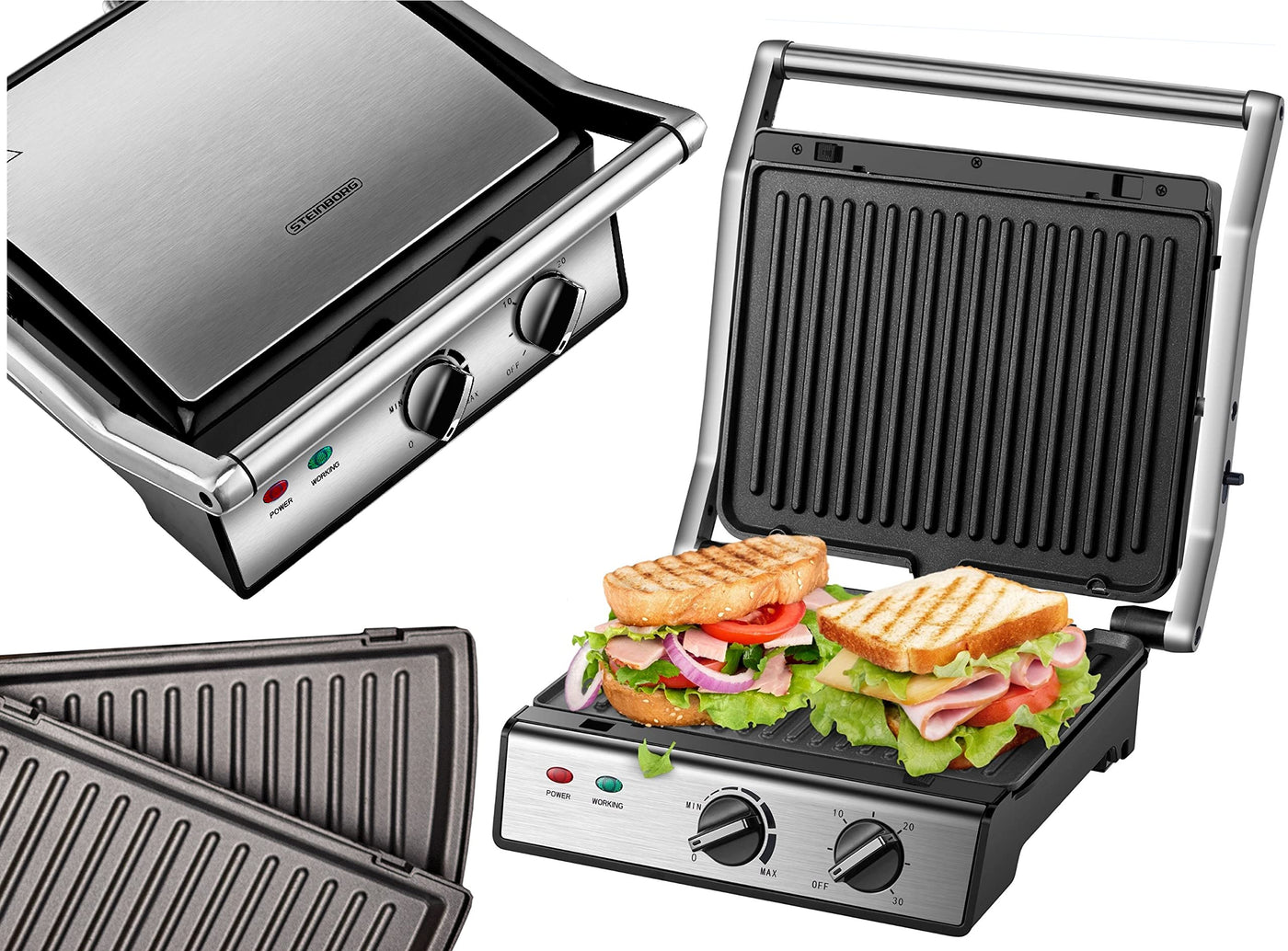 XXL Kontaktgrill abnehmbare Platten | 30 Minuten Timer | Panini Toaster | Sandwichtoaster | elektrischer Tischgrill | Kontaktgrill für Sandwiches, Steak und als Panini grill | Elektro Grill