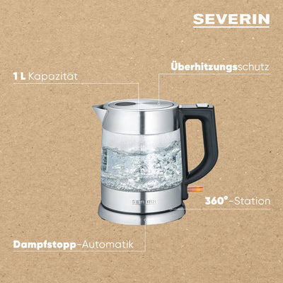 SEVERIN Glas Wasserkocher, 1.0L, leistungsstarker und kompakter Wasserkocher in hochwertigem Design, elektrischer Wasserkocher mit Kalkfilter, Edelstahl/schwarz, WK 3468