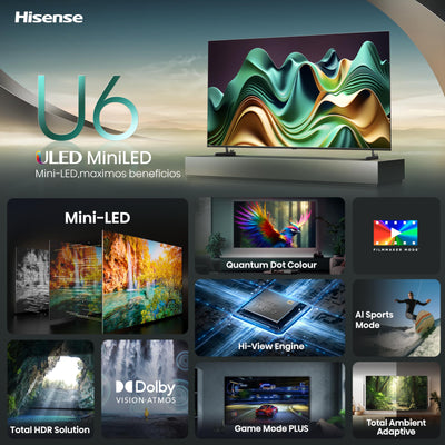 Hisense 50U6NQ 126 cm (50 Zoll) Fernseher 4K Mini LED ULED HDR Smart TV, 60Hz, HDMI 2.0, Game Mode Plus, Dolby Vision & Atmos, Bluetooth, Alexa Built-in, Anthrazit, [2024]