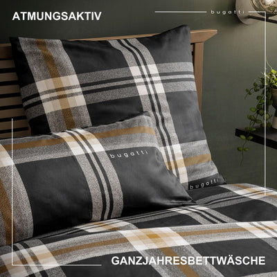 bugatti Bettwäsche 135 x 200 cm - 100% Baumwolle, Reißverschluss, anschmiegsam, weich & waschbar, Mako Satinbettwäsche kariert schwarz grau