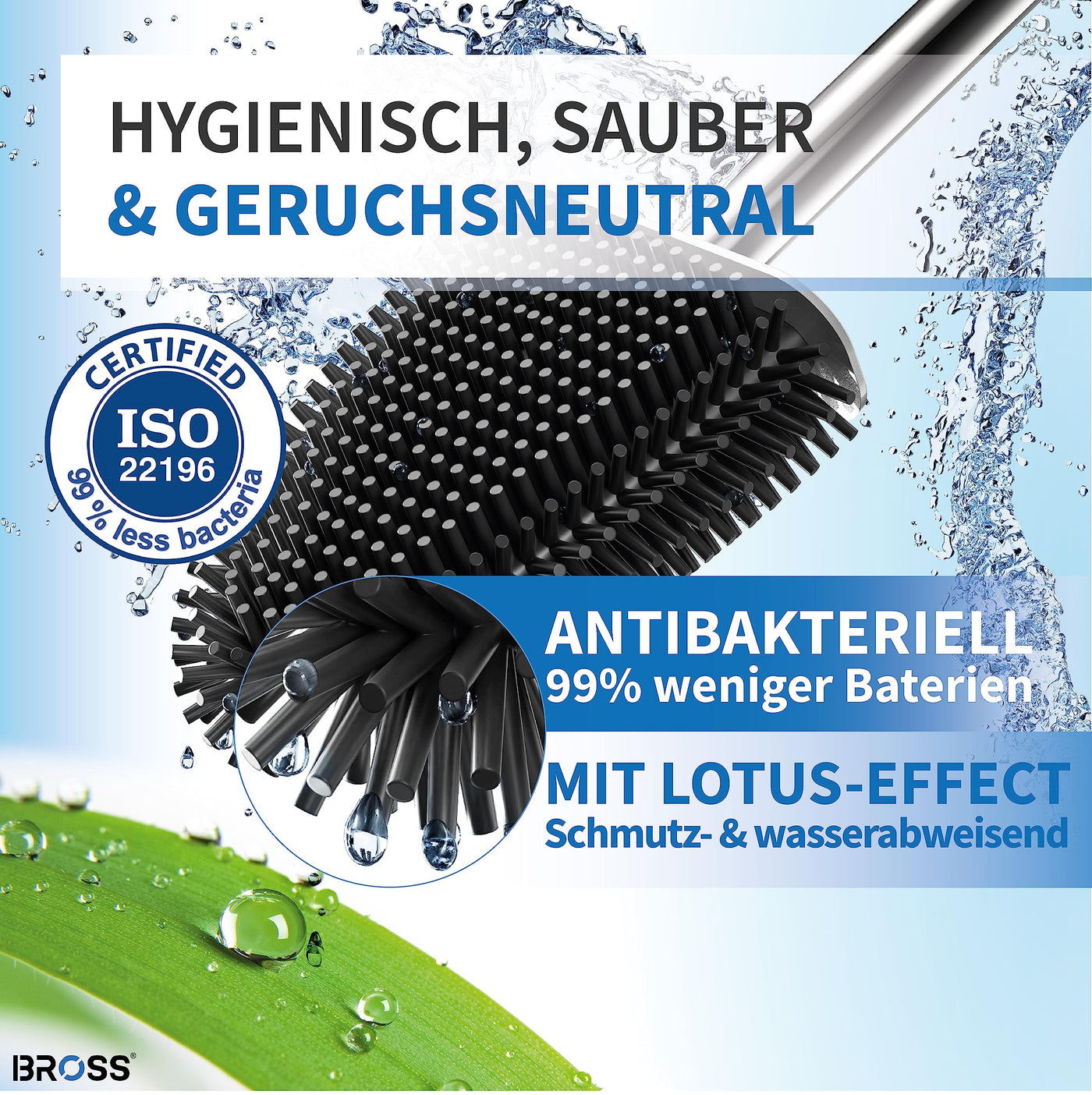 BROSS® Klobürste Silikon - Patentierte Toilettenbürste - Klobürste Schwarz - WC Bürste & Klobürstenhalter mit Wandmontage & TurboTrocknung - Innovativ & Antibakteriell - 1er Set