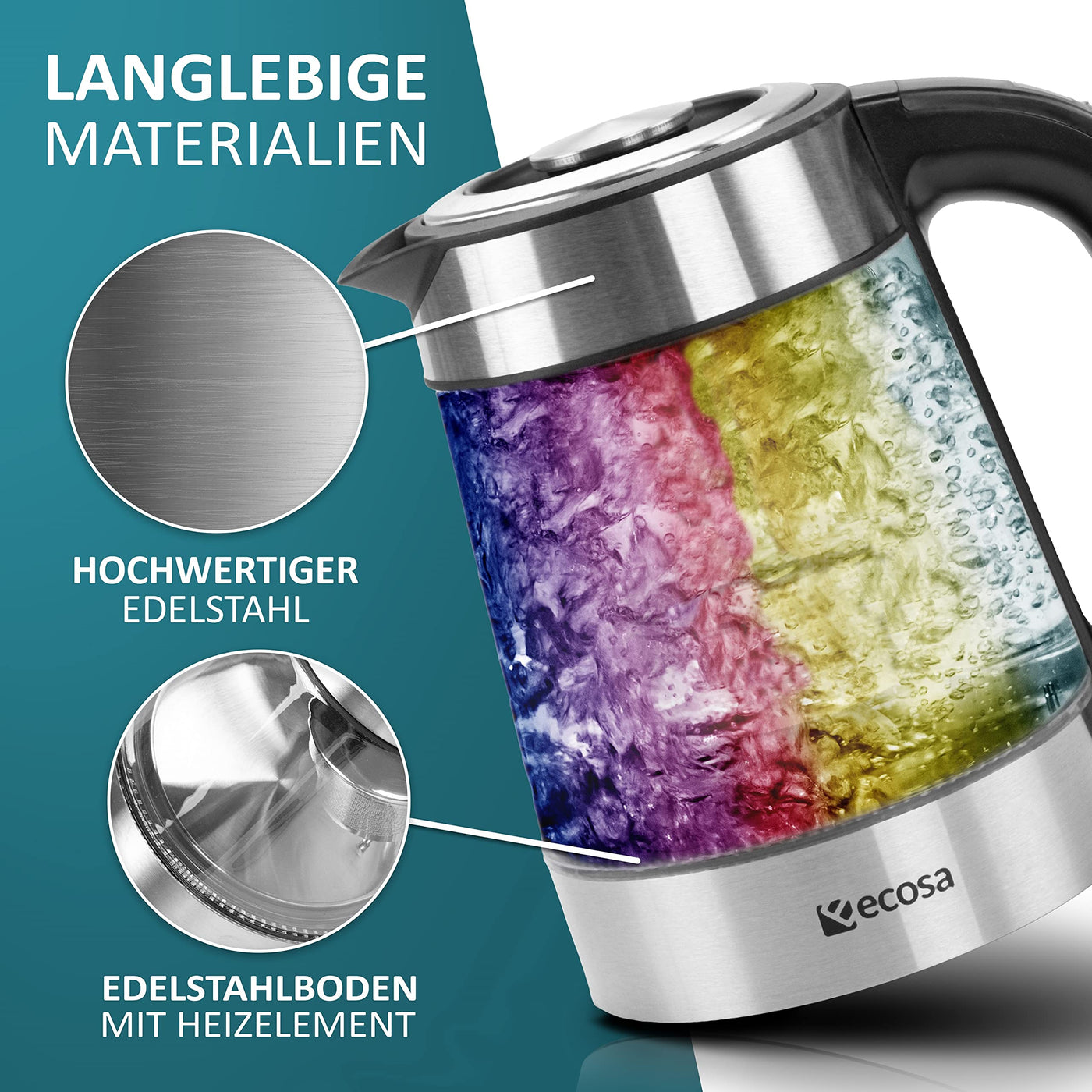 Glas Wasserkocher 1,7 Liter | 2200 Watt | Edelstahl mit Temperaturwahl | Teekocher | 100% BPA FREI | Warmhaltefunktion | LED Beleuchtung im Farbwechsel | Temperatureinstellung (40°C-100°C)