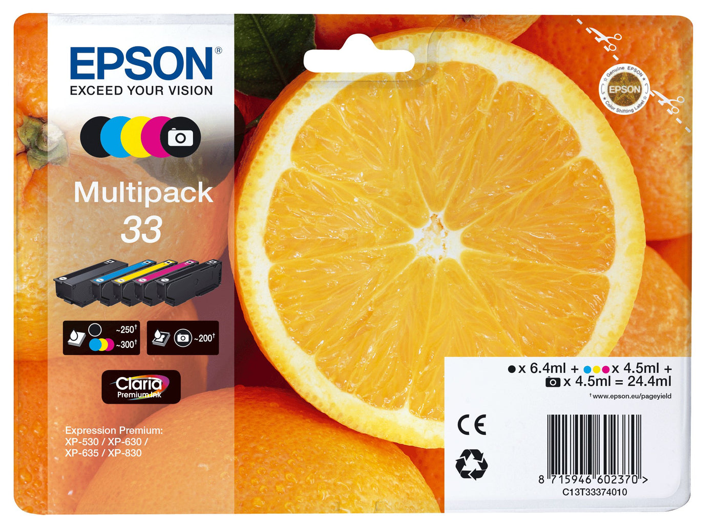 Epson Original 33 Tinte Orange (XP-530, XP-630, XP-635, XP-830, XP-540, XP-640, XP-645, XP-900, XP-7100), Multipack 5-farbig