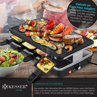 KESSER® Raclette-Grill mit Naturgrillstein, Grillplatte Tischgrill für 8 Personen, Elektrogrill Raclette Grill antihaftbeschichteter Grillplatte, 8 Pfannen und Holzspatel 1200W