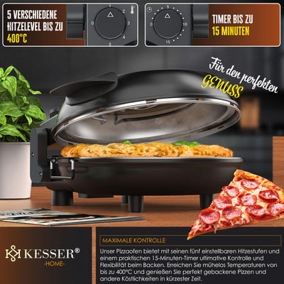 KESSER® Pizza-Ofen elektrisch bis 400 Grad | Elektrischer Pizzabäcker 1200W mit feuerfester Steinplatte & Timer Durchmesser 32cm | 5 Heizstufen & Sichtfenster | inkl. Pizzaschneider & Rezeptbuch