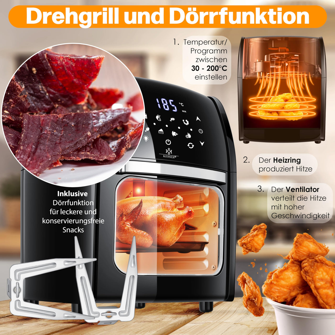 KESSER® XXL Airfryer 9in1 Heißluftfritteuse Fritteuse, | Drehgrill | Dörrautomat | Rezeptheft | Grillspieß | 1800 Watt | fettfrei grillen ohne Öl | 8 Programme | inkl. Zubehör Schwarz