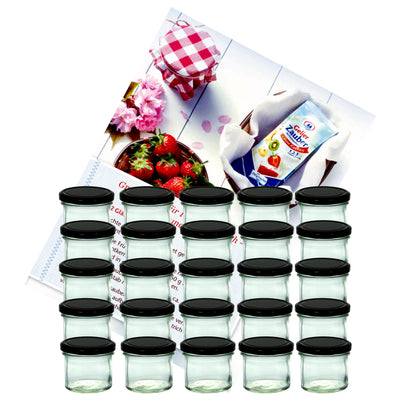 MamboCat 25er Set Sturzglas 125 ml Marmeladenglas Einmachglas Einweckglas To 66 schwarzer Deckel incl. Diamant-Zucker Gelierzauber Rezeptheft