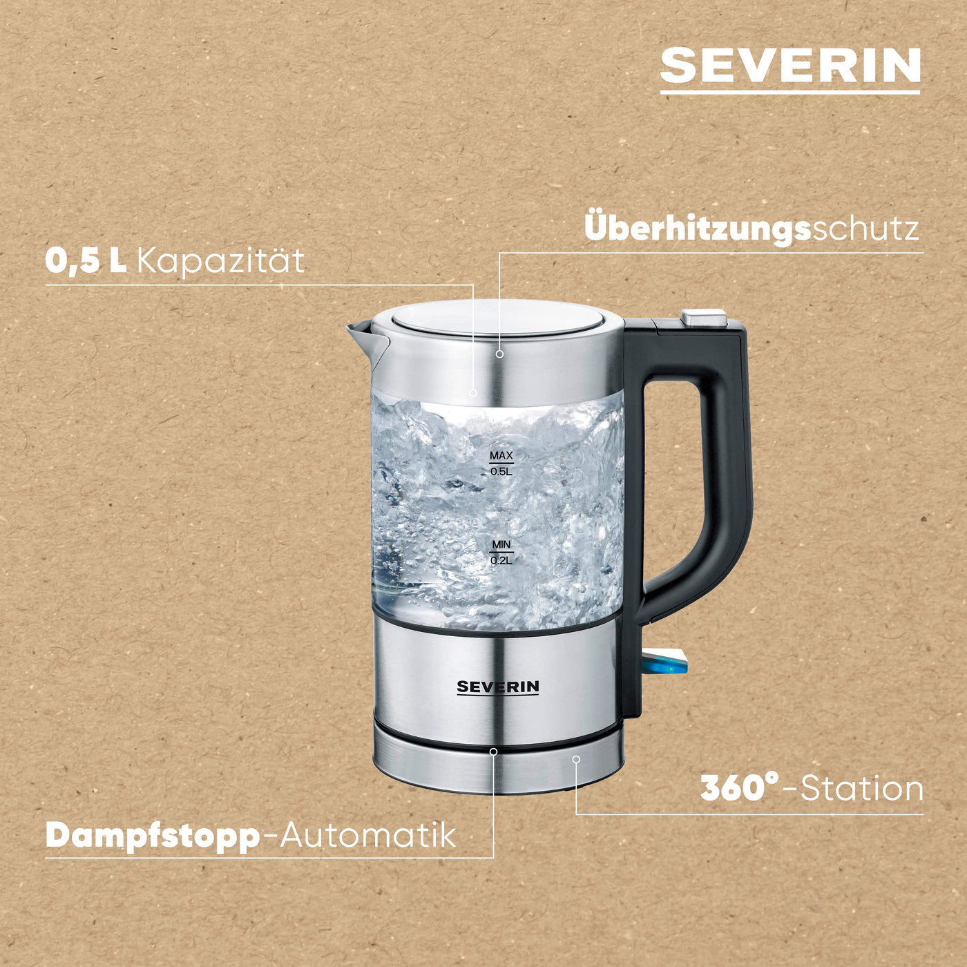 SEVERIN Mini Glas Wasserkocher 0,5 L, leistungsstarker und kompakter Wasserkocher in hochwertigem Design, elektrischer Wasserkocher mit Kalkfilter, edelstahl/schwarz, WK 3472