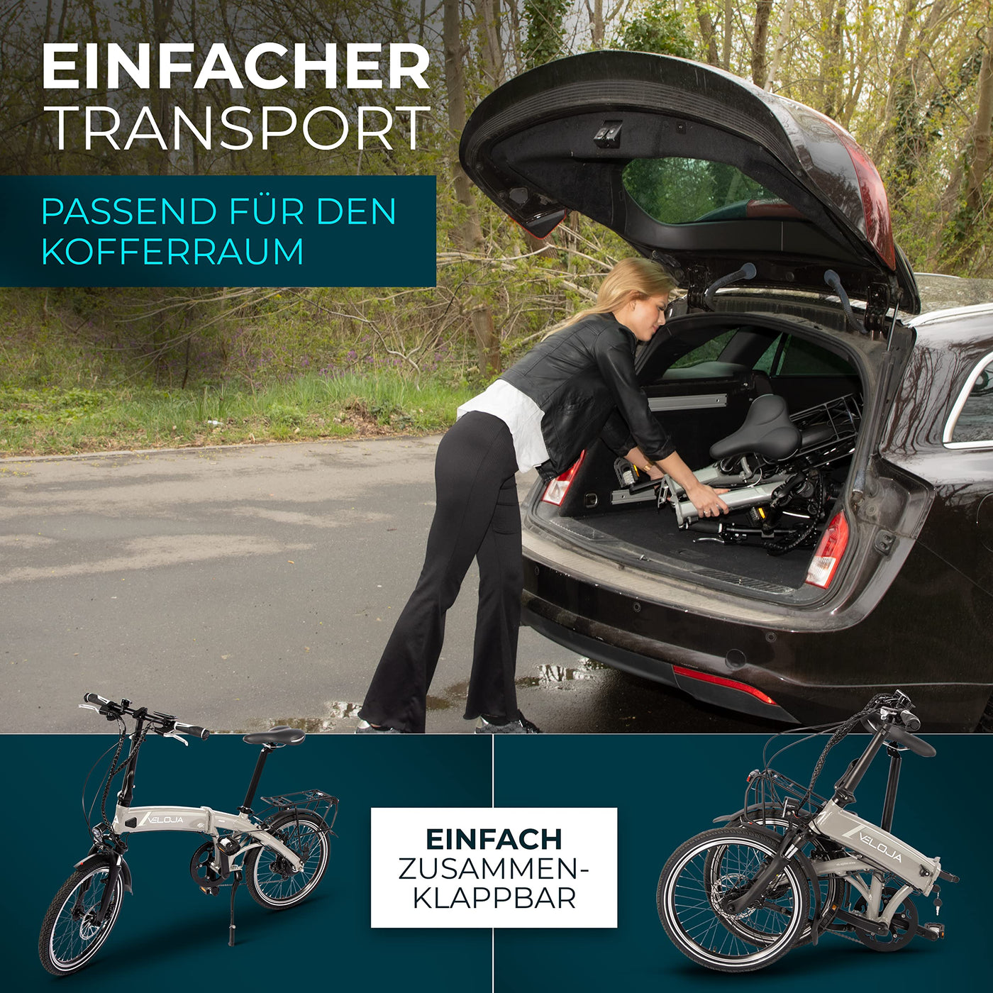 VELOJA® Ebike Klapprad – elektrisches Fahrrad faltbar – 20 Zoll – StZVO Ausstattung – 250W Hinterradnabenmotor 41 Nm, bis 100 km Distanz – 9 Gang – 5 Unterstützungsstufen – Alu – 21kg – Made in EU