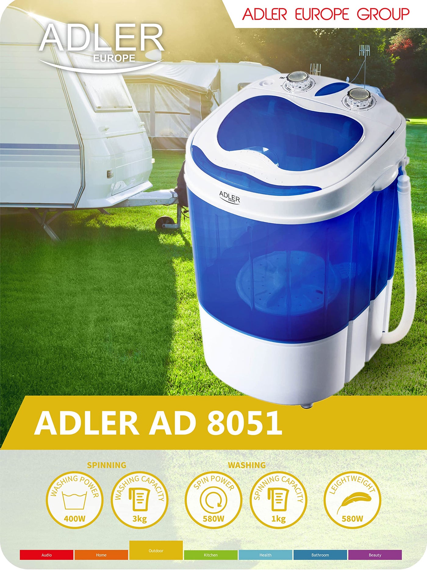 ADLER AD8051 Mini Waschmaschine mit Schleuder Funtkion Waschautomat Camping Reise mobile Singlehaushalt Waschmaschine Toploader mit Wäscheschleuder bis 3KG