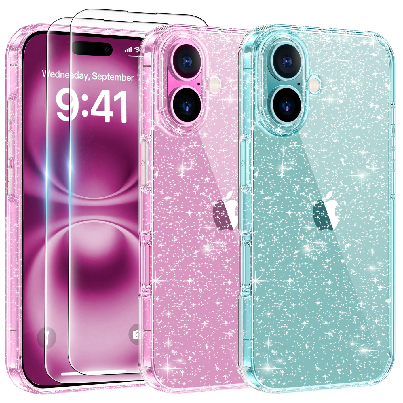 AROYI 3 in 1 Klar Glitzer Handyhülle Kompatibel mit iPhone 16 Hülle Glitzer mit 2 Stück Schutzfolie, Handyhülle iPhone 16 Transparent Weiche TPU Silikon Case [Anti-Yellowing]