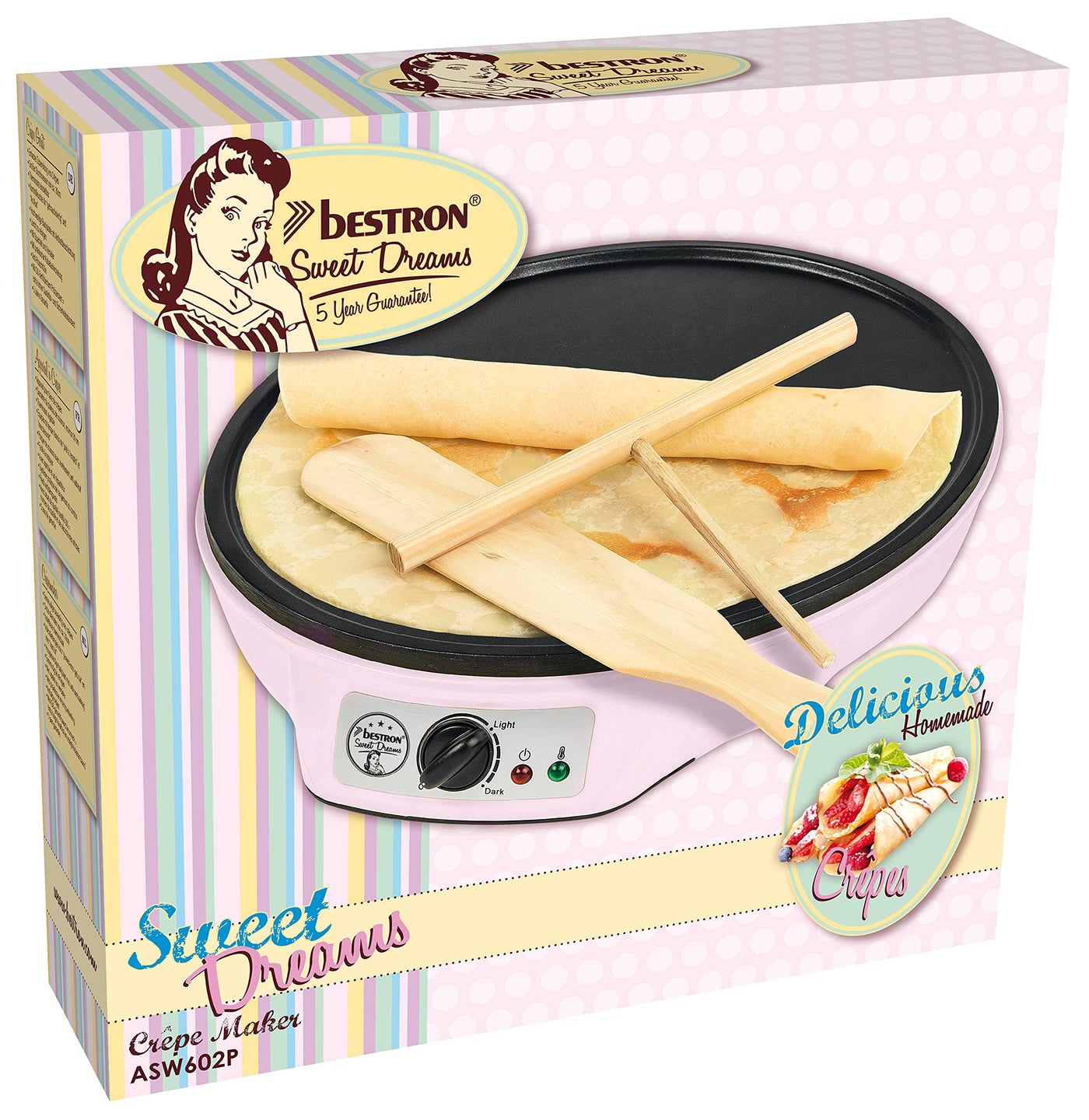 Bestron Crêpes Maker im Retro Design, für Crepes mit Ø 30 cm, inkl. Teigverteiler & Crêpes-Wender, mit Antihaftbeschichtung, 1000 Watt, Farbe: Pink