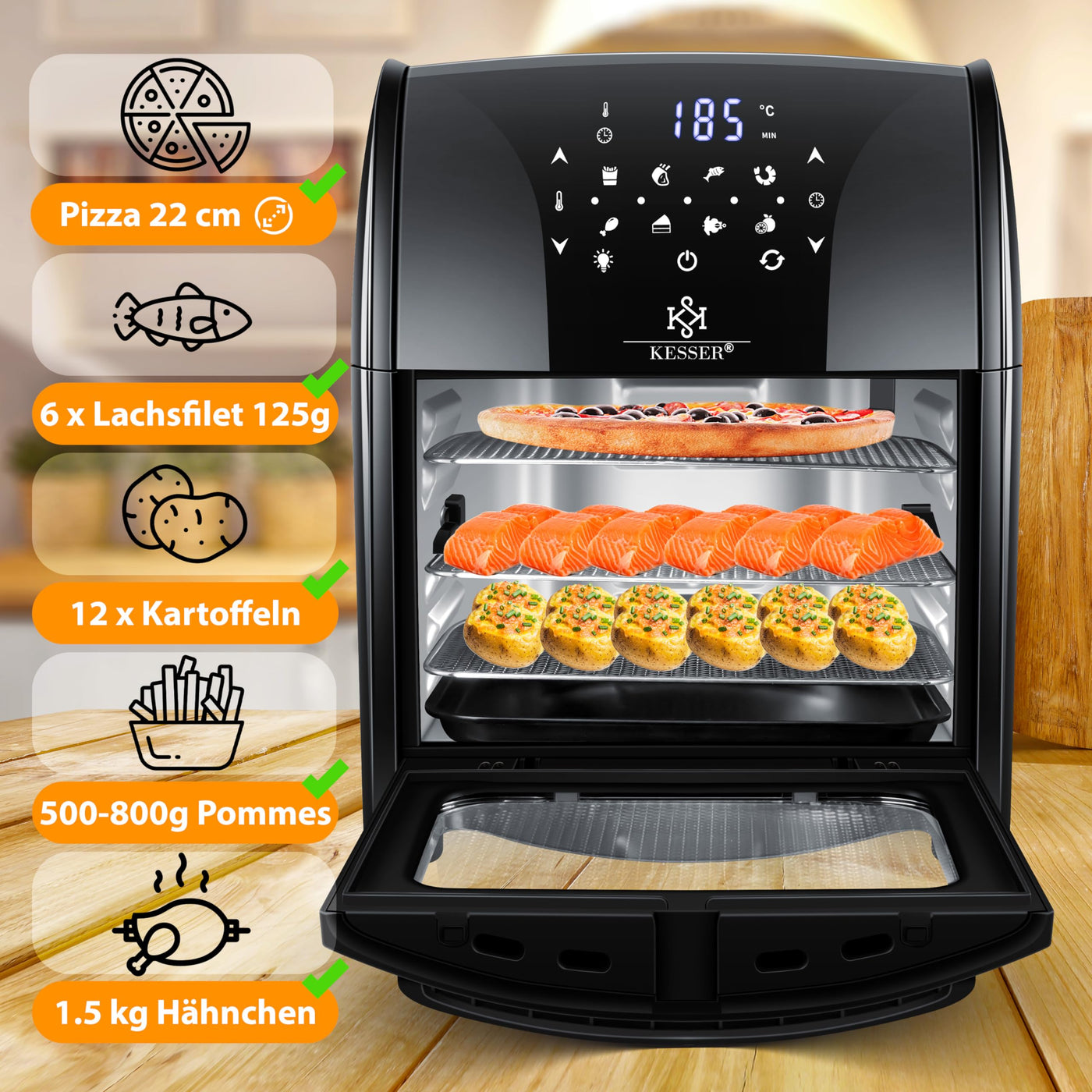 KESSER® XXL Airfryer 9in1 Heißluftfritteuse Fritteuse, | Drehgrill | Dörrautomat | Rezeptheft | Grillspieß | 1800 Watt | fettfrei grillen ohne Öl | 8 Programme | inkl. Zubehör Schwarz