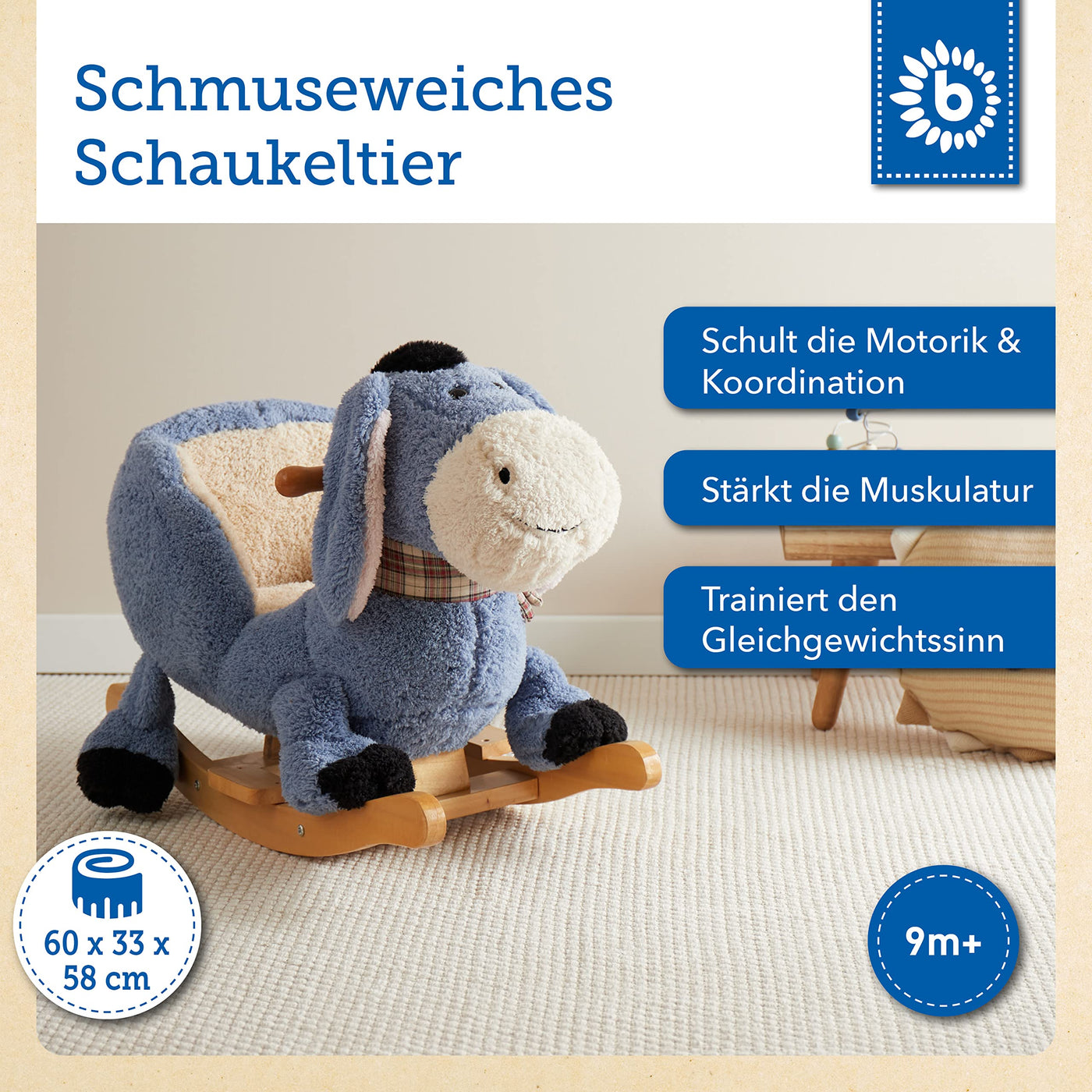 Bieco Plüsch Schaukeltier Esel | Kinder Schaukelstuhl mit Sicherheitsgurt | | Schaukel Kleinkind | Zimmer | Baby Schaukelwippe ab 9 Monate | Schaukelpferd Holz