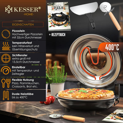 KESSER® Pizza-Ofen elektrisch bis 400 Grad | Elektrischer Pizzabäcker 1200W mit feuerfester Steinplatte & Timer Durchmesser 32cm | 5 Heizstufen & Sichtfenster | inkl. Pizzaschneider & Rezeptbuch