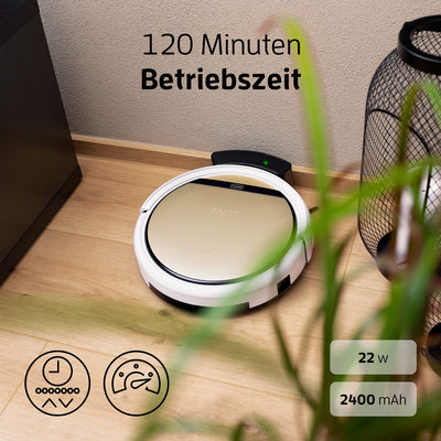 ZACO V5sPro Saugroboter mit Wischfunktion, automatischer Staubsauger Roboter, 2in1 nass Wischen bis zu 180qm oder Staubsaugen, für Hartböden, Fallschutz, beutellos, mit Ladestation, 22W, 300ml, Gold