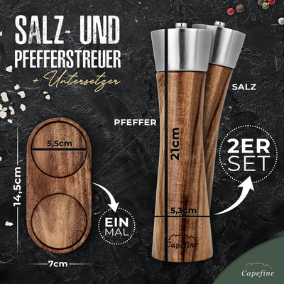 CAPEFINE - Salz und Pfeffermühle aus Akazienholz mit einstellbarem Keramik Mahlwerk, Salz und Pfefferstreuer mit Extra Untersetzer und rostfreiem Edelstahlkopf, Gewürzmühlen Set groß (21cm)