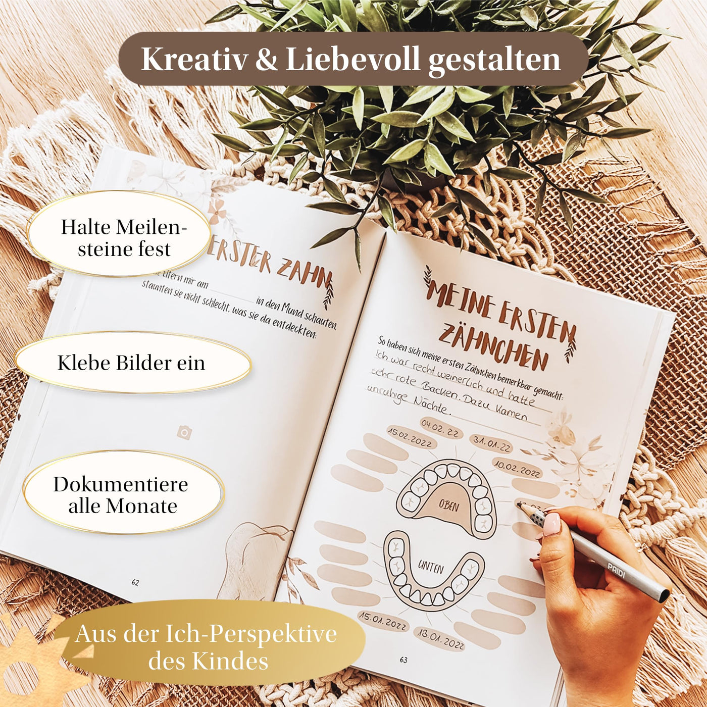 EULENTALER® Das Babytagebuch Boho I Von Pädagogen gestaltet I Mit handgemalten süßen Illustrationen I Din A4 I Babyalbum Mein erstes Jahr I Erinnerungsbuch zum eintragen