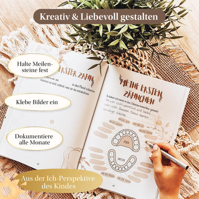 EULENTALER® Das Babytagebuch Boho I Von Pädagogen gestaltet I Mit handgemalten süßen Illustrationen I Din A4 I Babyalbum Mein erstes Jahr I Erinnerungsbuch zum eintragen