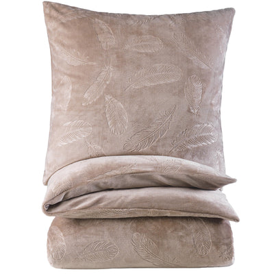 BaSaTex Winter Plüsch Bettwäsche Cashmere Touch im Prägedruck | flauschig und warm | 135x200 cm Deckenbezug + 80x80 cm Kissenbezug | 2 teiliges Set | Design Federn Taupe