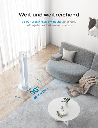 Dreo 28dB Leiser Turmventilator, 7,3m/s Geschwindigkeit 4 Geschwindigstufen 4 Modi 8 Std. Timer 90° oszillierende Ventilatoren mit Kühlung Fernbedienung für Schlafzimmer, Nomad One,Weiß